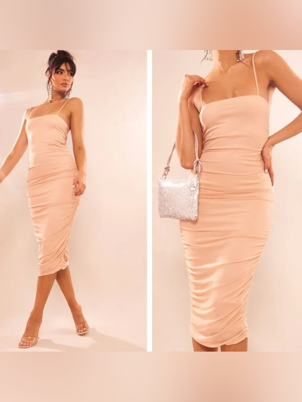 PrettyLittleThing Nude Peach Strappy Mesh Ruched Midi Dress NWT US 6